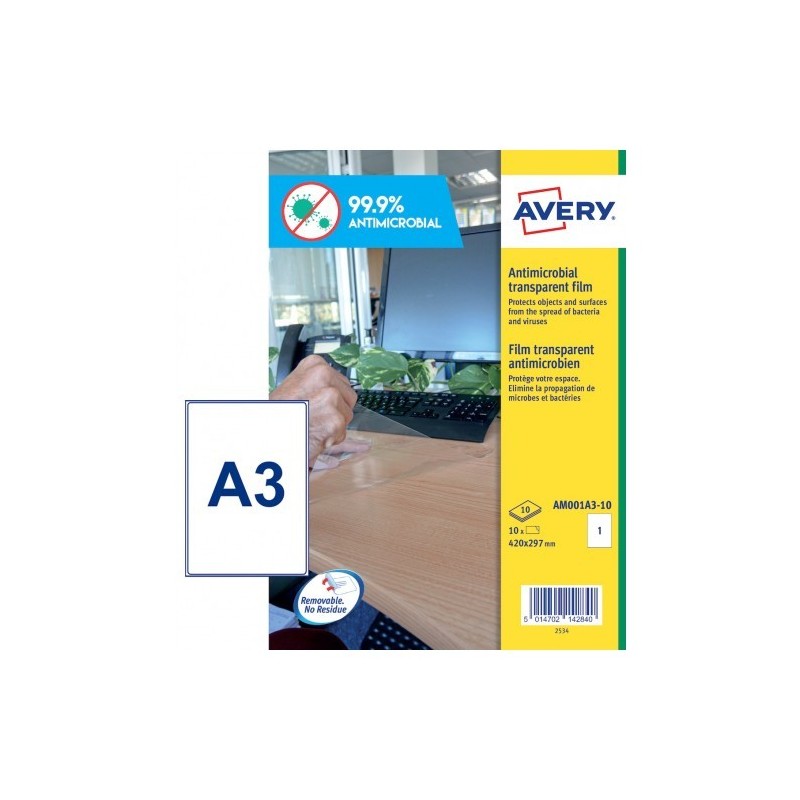 ETIQUETA TRANSPARENTE A3 ANTIBACTERIANA 420X297MM AVERY