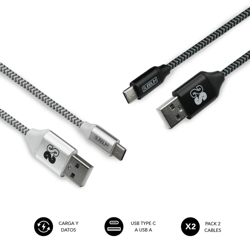 PACK 2 CABLES USB 3.0 1M USB-C MACHO A USB-A MACHO NEGRO/PLATA SUBBLIM