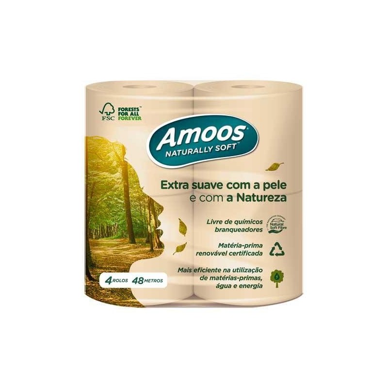 PACK 4 ROLLOS PAPEL HIGIÉNICO AMOOS NATURALLY SOFT 48m