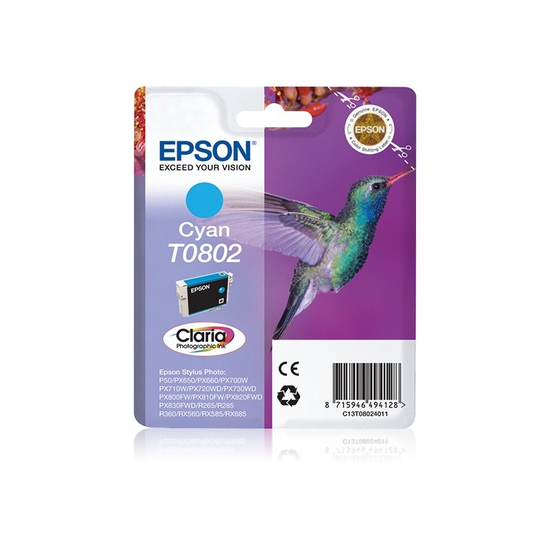 CARTUCHO DE TINTA CIAN EPSON T0802 C13T08024021 ORIGINAL ETIQUETA RF PARA IMPRESORAS